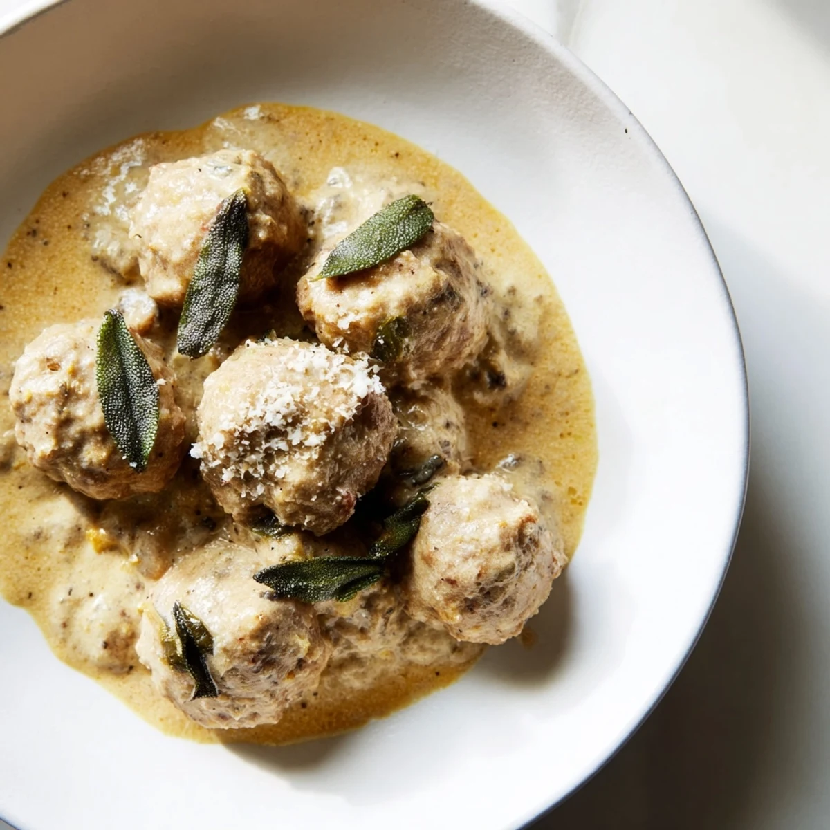 Golden-brown Easy Turkey Meatballs swimming in a creamy, vibrant pumpkin sage sauce, ready to serve.