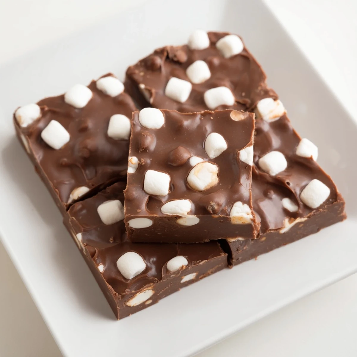 Creamy Easy Marshmallow Fudge, swirled with melted chocolate and flecked with miniature marshmallows.