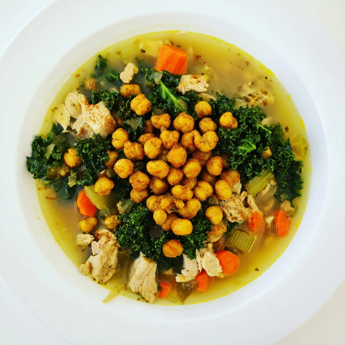 A flavorful bowl of Chicken Kale Soup with a vibrant mix of green kale and golden chickpeas.