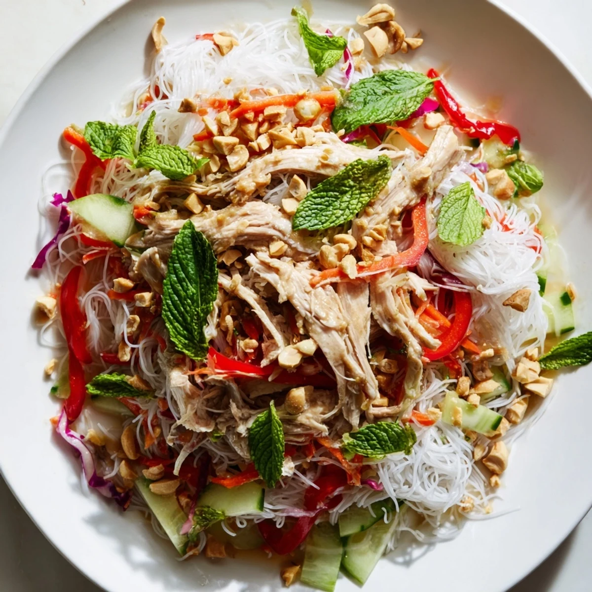 Vietnamese Crunch Noodle Salad with shredded chicken topped with peanuts, a colorful, healthy meal.