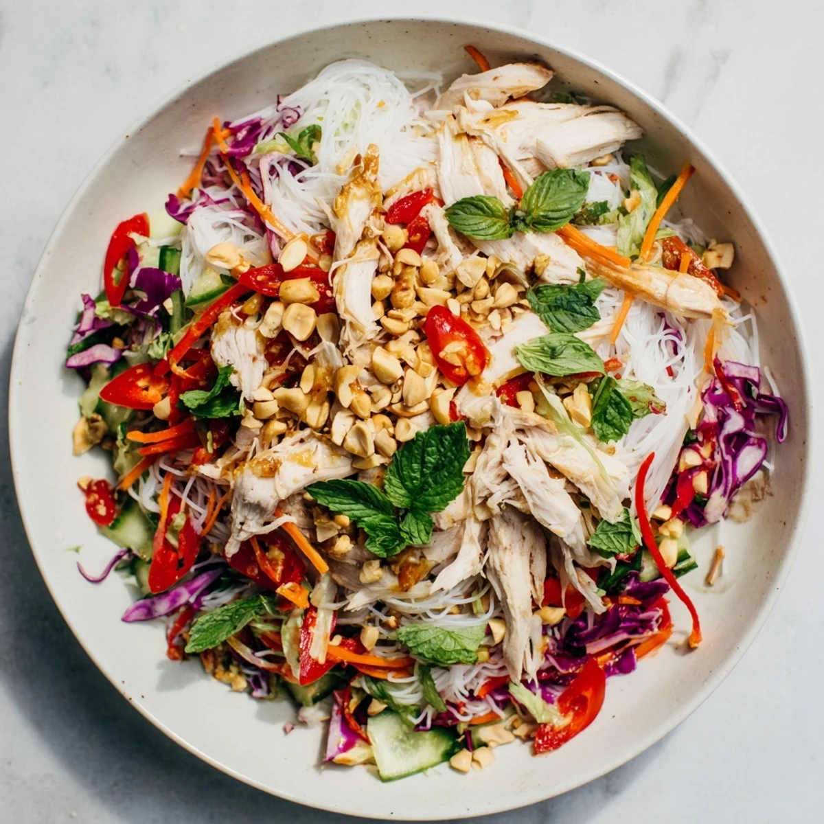 Close-up of a bountiful Vietnamese Crunch Noodle Salad, perfect for a light and delicious lunch.