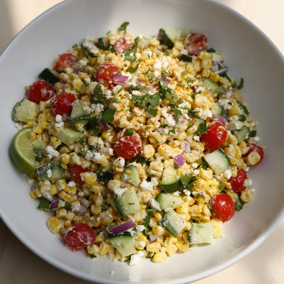 Picture a close-up of fresh Mexican Street Corn Chopped Salad; perfect for a vegetarian summer meal.