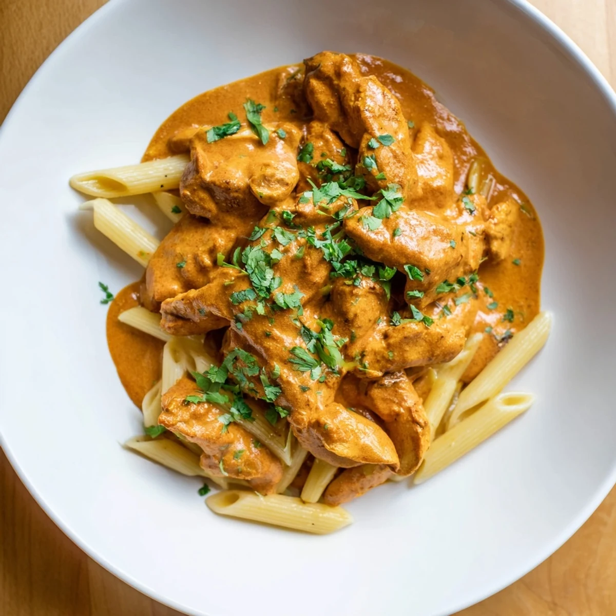 Creamy Chicken Tikka Masala Pasta, a delightful fusion with tender chicken and comforting pasta in a rich sauce.