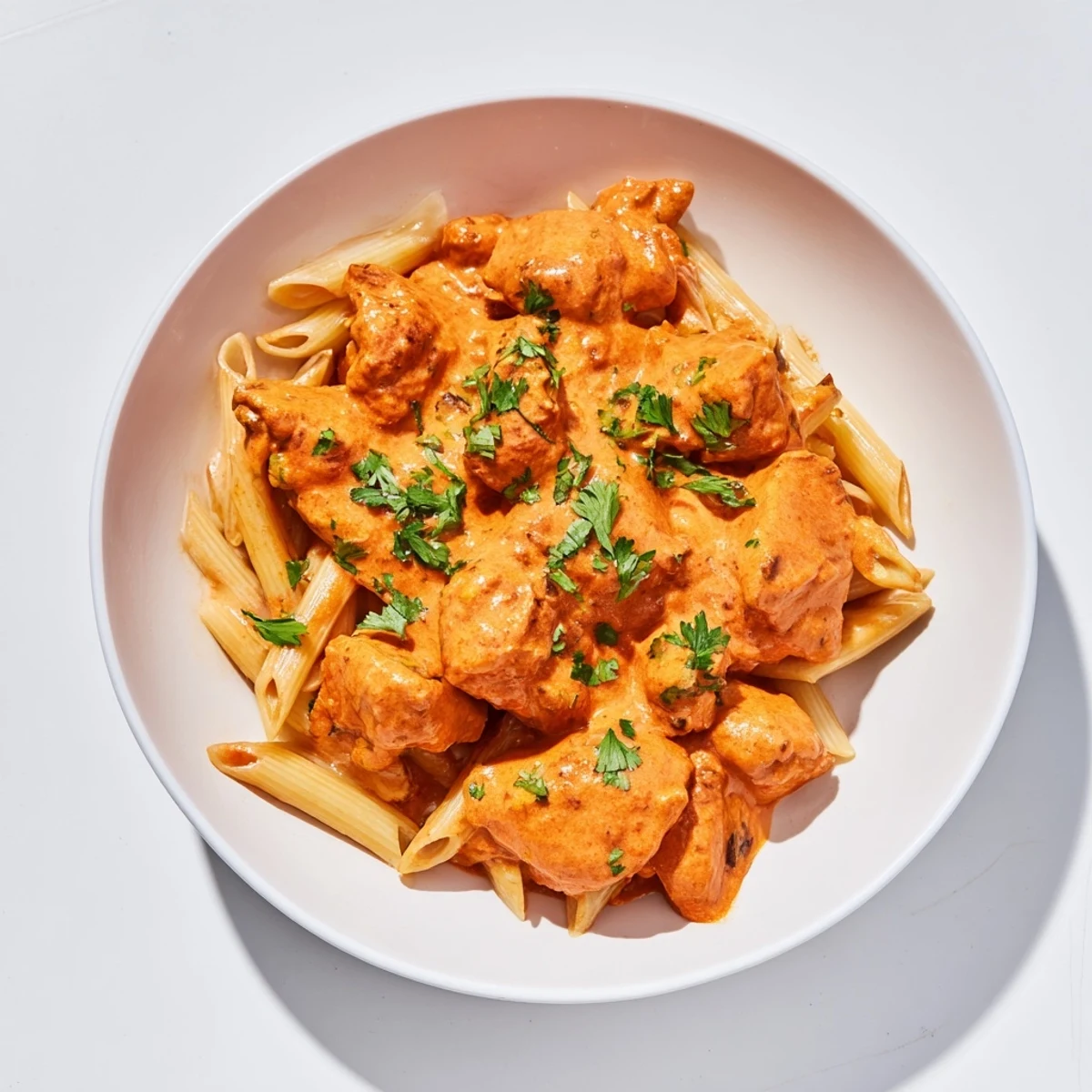 This photo presents a creamy, flavorful Chicken Tikka Masala Pasta, garnished with fresh cilantro, ready to eat.