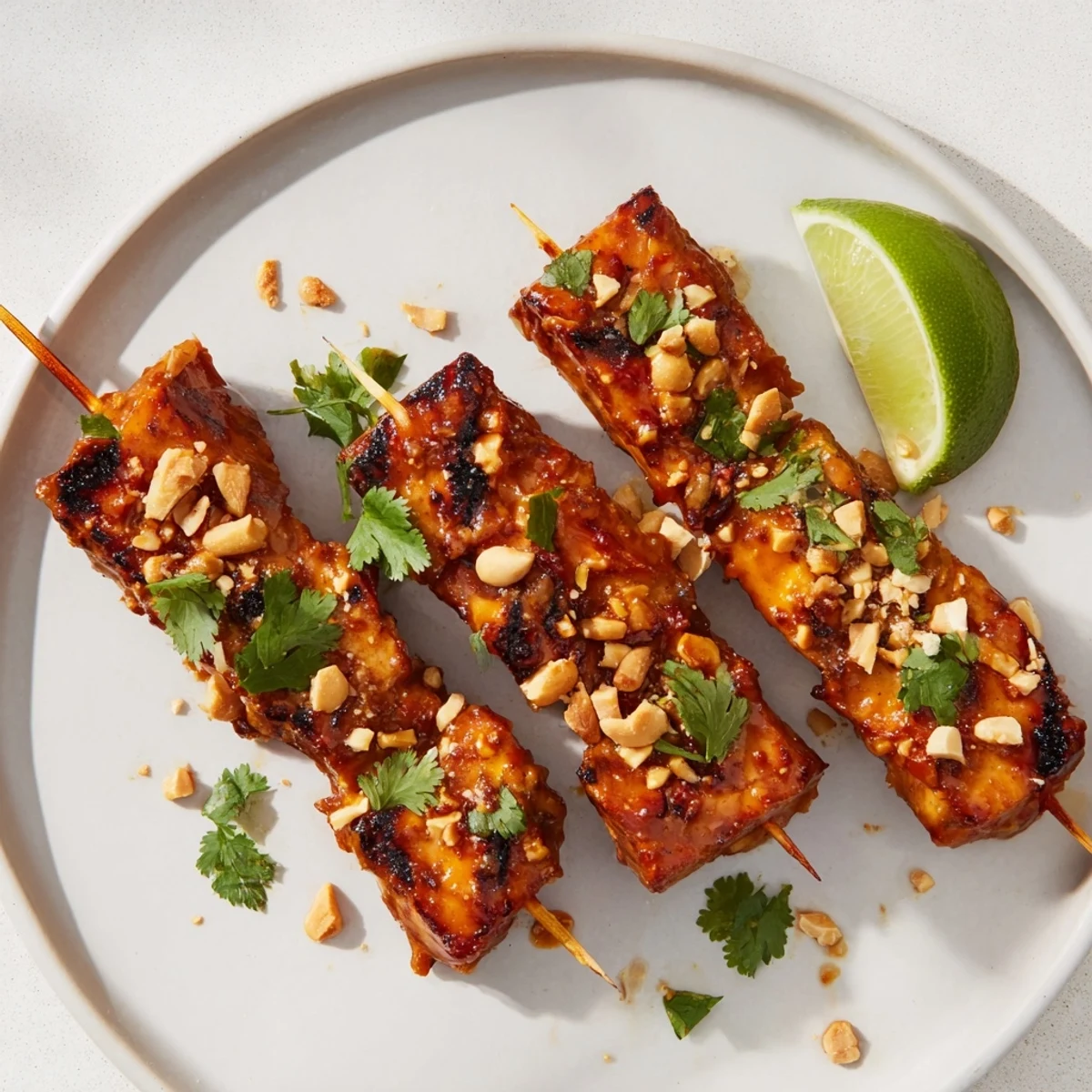 Grilled Spicy Peanut Satay Chicken Skewers, charred and glistening, ready for a delicious bite.