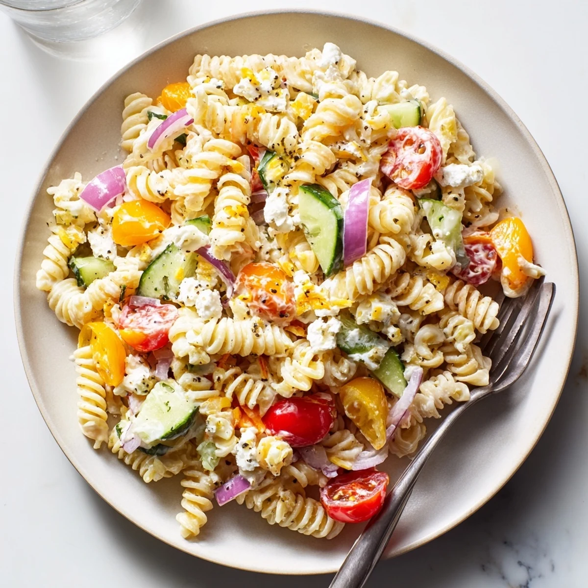 Bright vegetables and cheeses tossed into a delicious Greek Yogurt Million Dollar Christmas Pasta Salad for a holiday side.