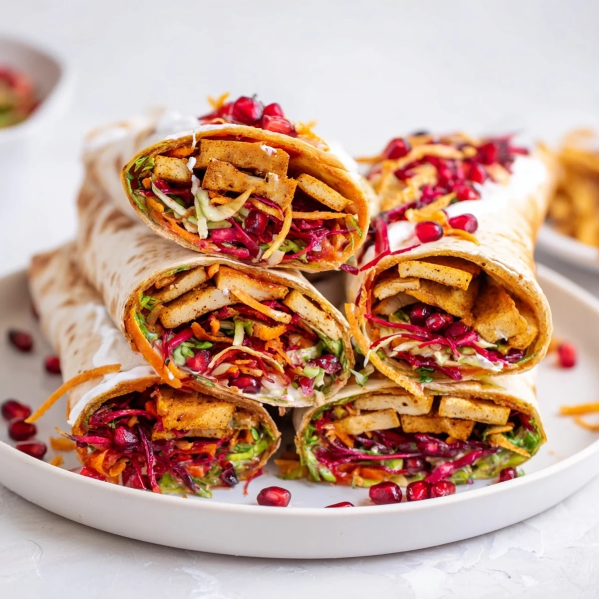 Golden, crispy sweet chili tofu crunch wrap with a colorful holiday slaw, perfect for a vegan lunch.
