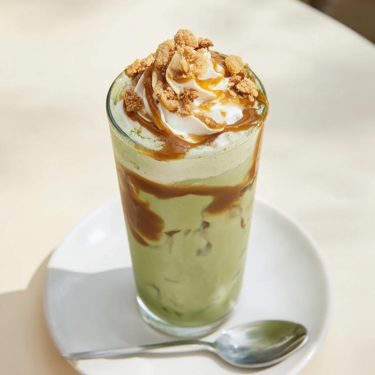 Creamy Caramel Brulée Iced Matcha Coffee, a holiday beverage swirled with festive spice, ready to enjoy.