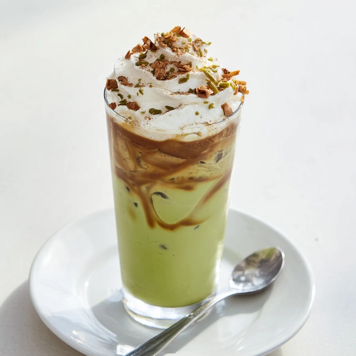 This layered Caramel Brulée Iced Matcha Coffee features matcha, espresso, caramel, and a sprinkle of holiday cheer.