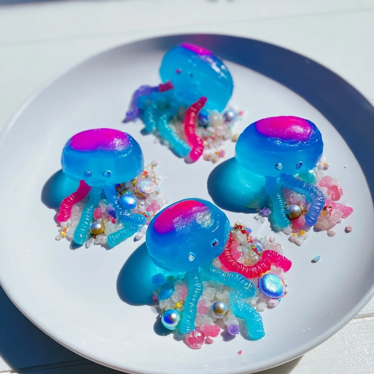 Jellyfish Candy Platter: A vibrant dessert arrangement with colorful gummies and ocean-themed candies ready to eat.