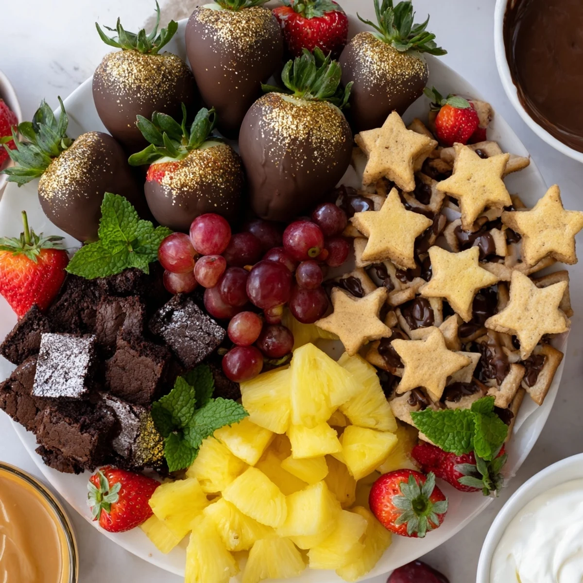 A beautifully arranged Star-Studded Dessert Board with chocolate-dipped strawberries and vibrant fruit sections.