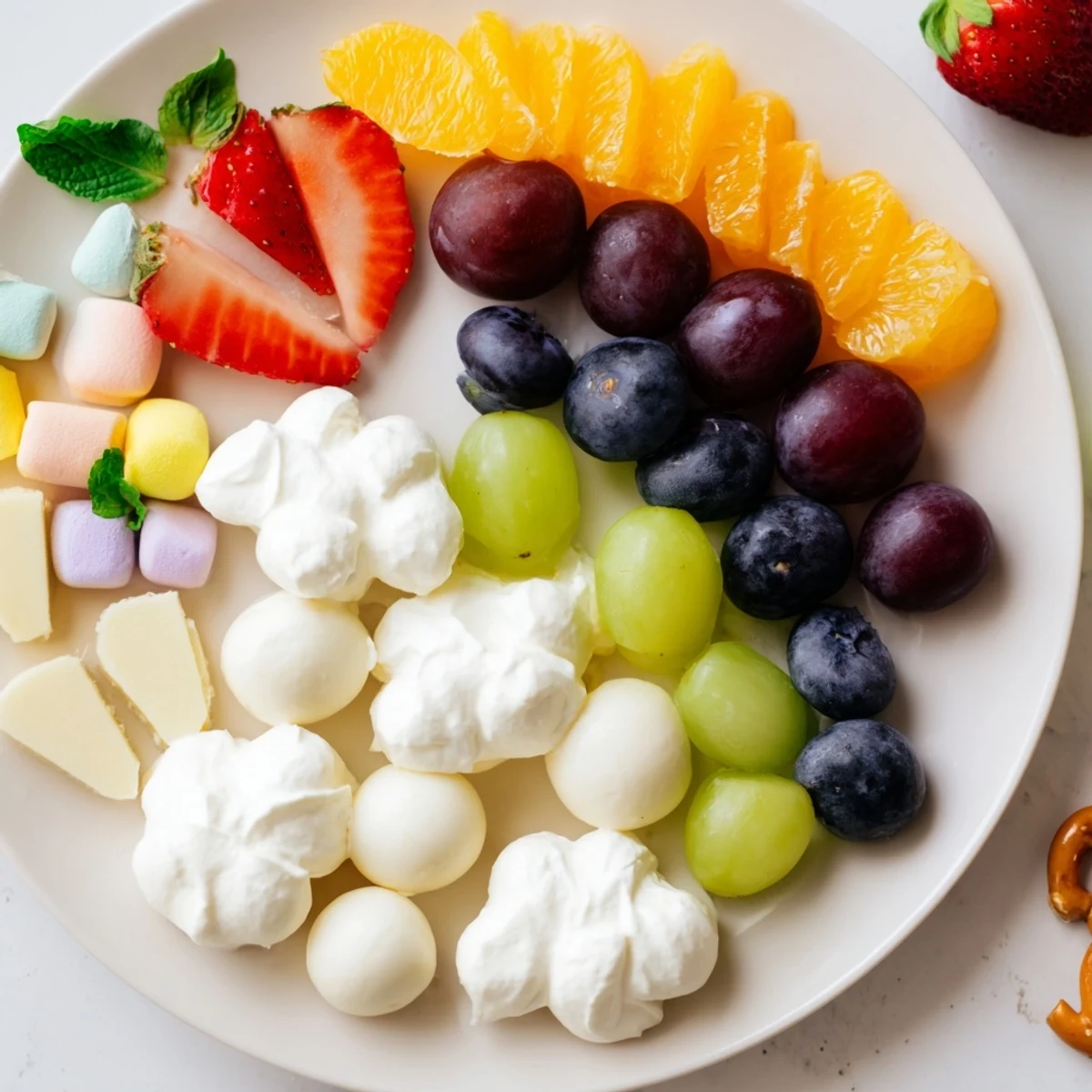 Cloud & Rainbow Grazing Board with colorful fruits, cheeses, and treats artfully arranged.