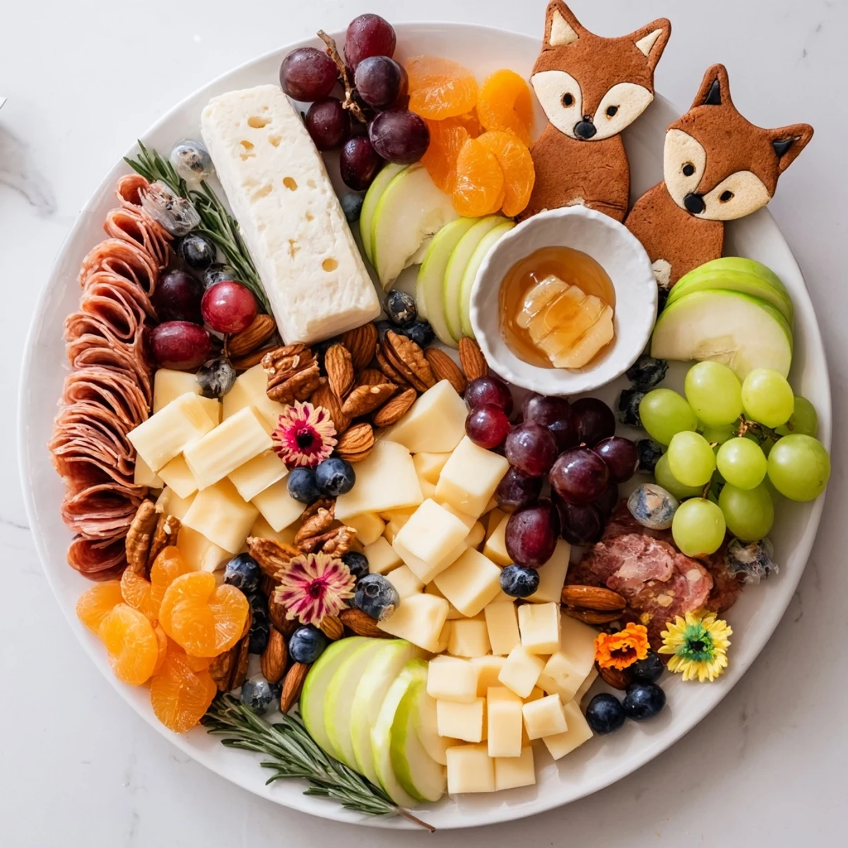 This charming Cozy Forest Animal Board bursts with colorful fruits, assorted cheeses, and delightful crackers for snacking.