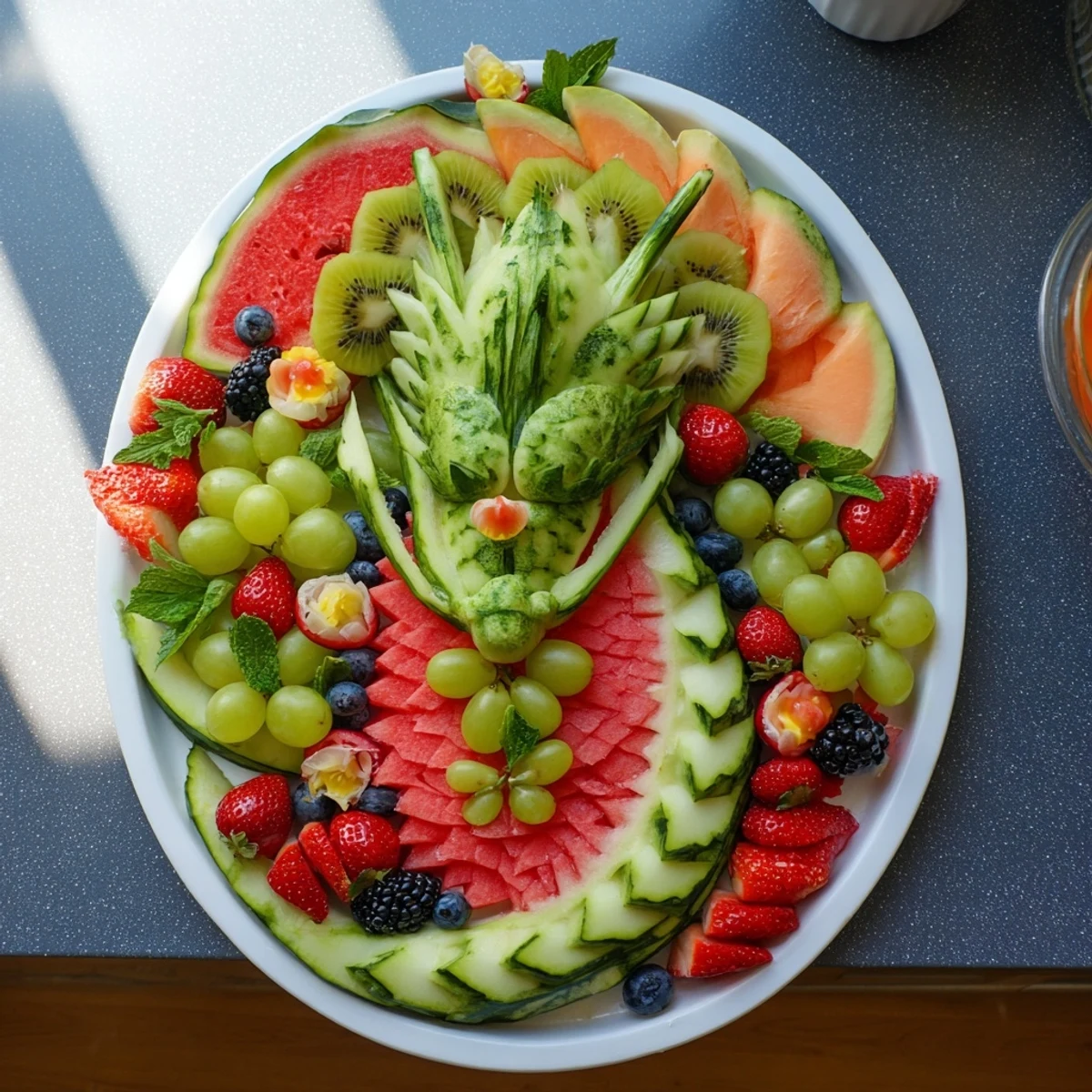 A whimsical dragon-shaped fruit tray showcases a healthy medley of melon slices, berries, and grapes.