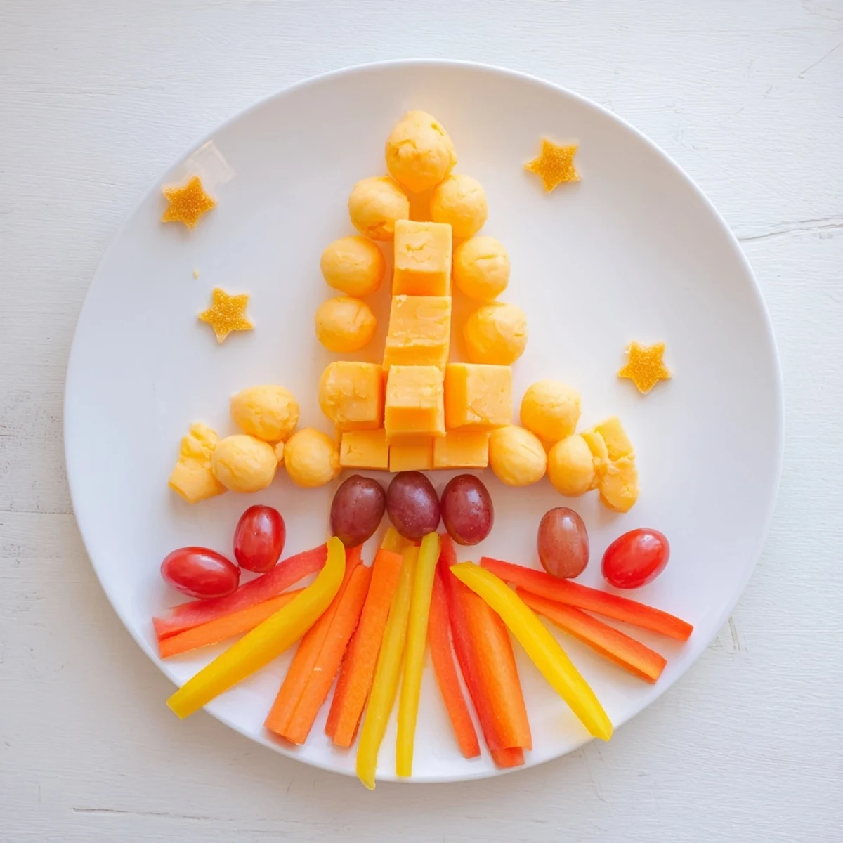 Delicious Blast Off Spaceship Snack Board: A visually appealing, healthy snack spread with fruit planets and cheese rockets.