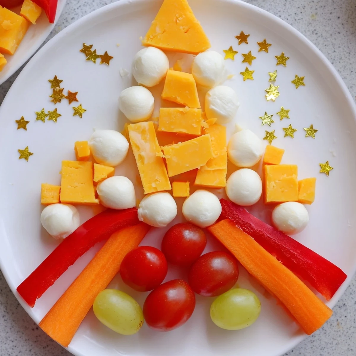 Whimsical Blast Off Spaceship Snack Board with veggie rockets and vibrant fruit, perfect for kids' parties.