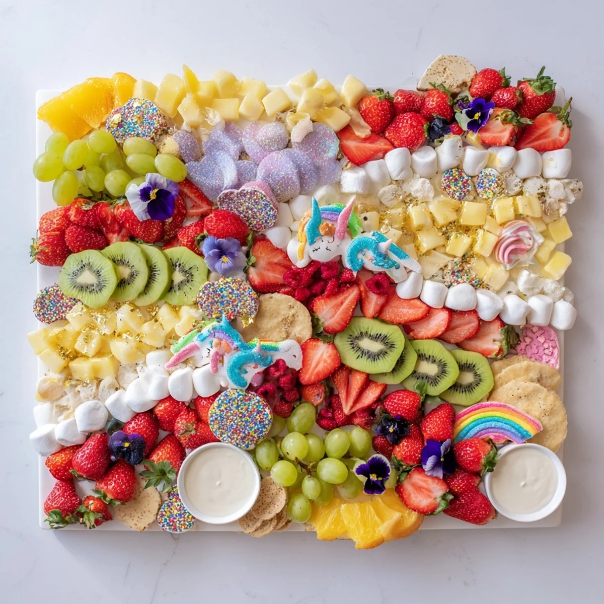 Magical unicorn rainbow dessert board overflowing with colorful fruits, sweets, and creamy dips, ready to serve.