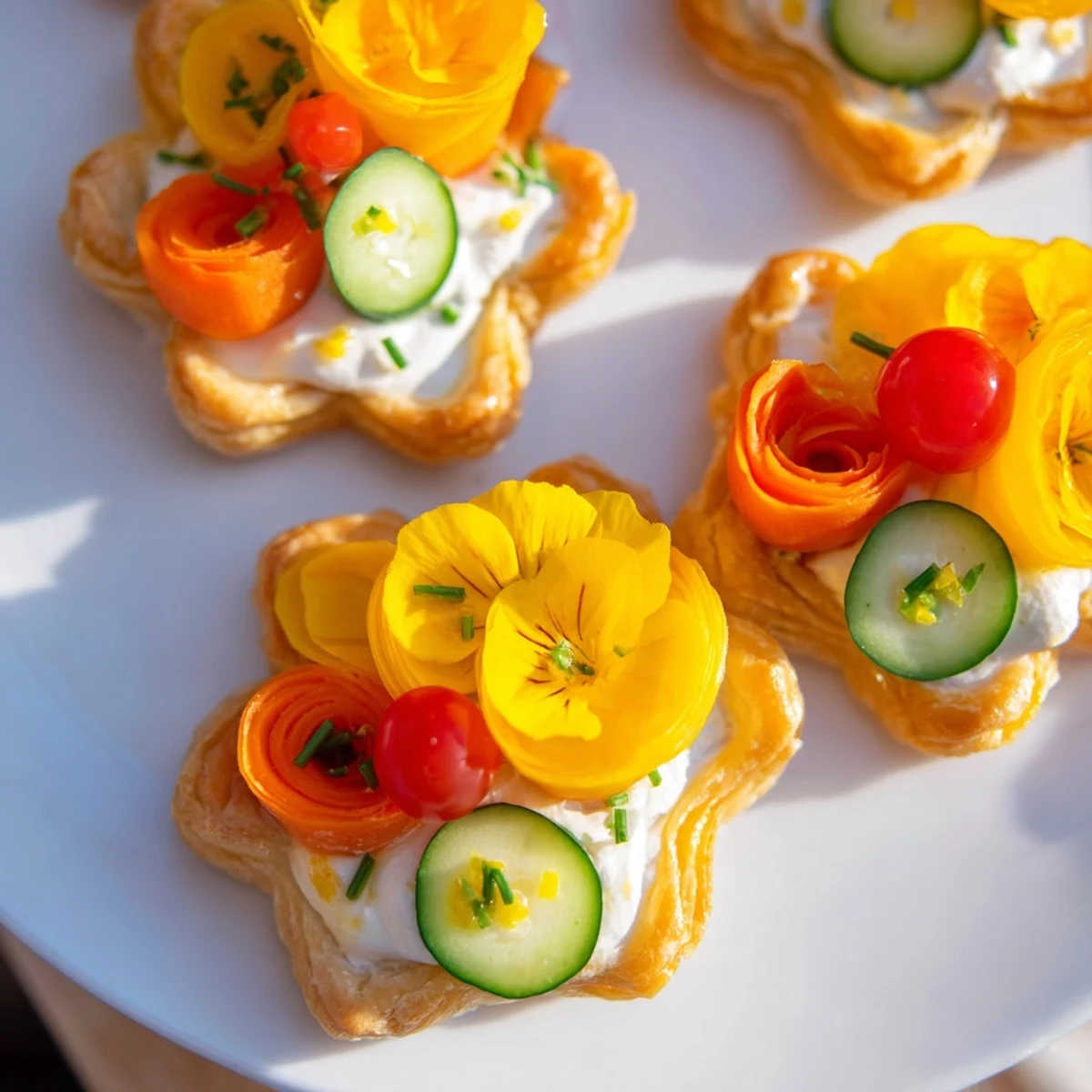 Golden, baked Fairy Garden Flower Shaped Snacks, filled with cream cheese and decorated with colorful vegetables.