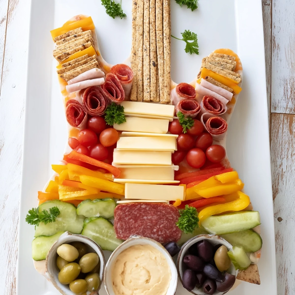 Vibrant rock star guitar snack platter with cheddar, veggies, and savory dips ready to serve!