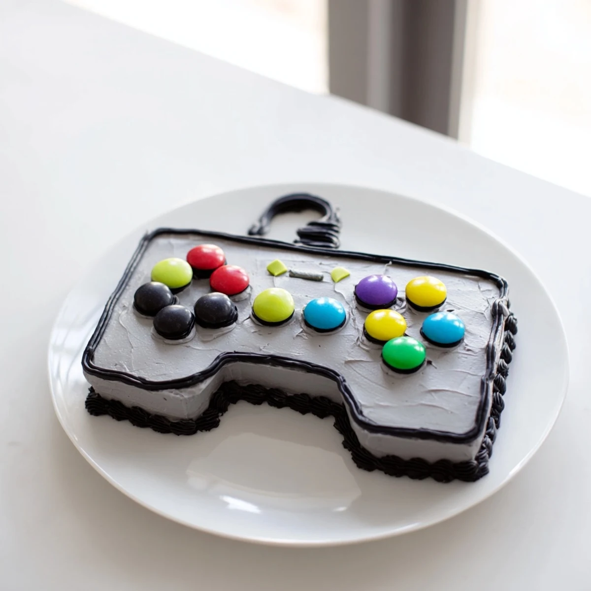 Vibrant Pixel Perfect Video Game Controller Board cake with colorful buttons, perfect for a birthday celebration.