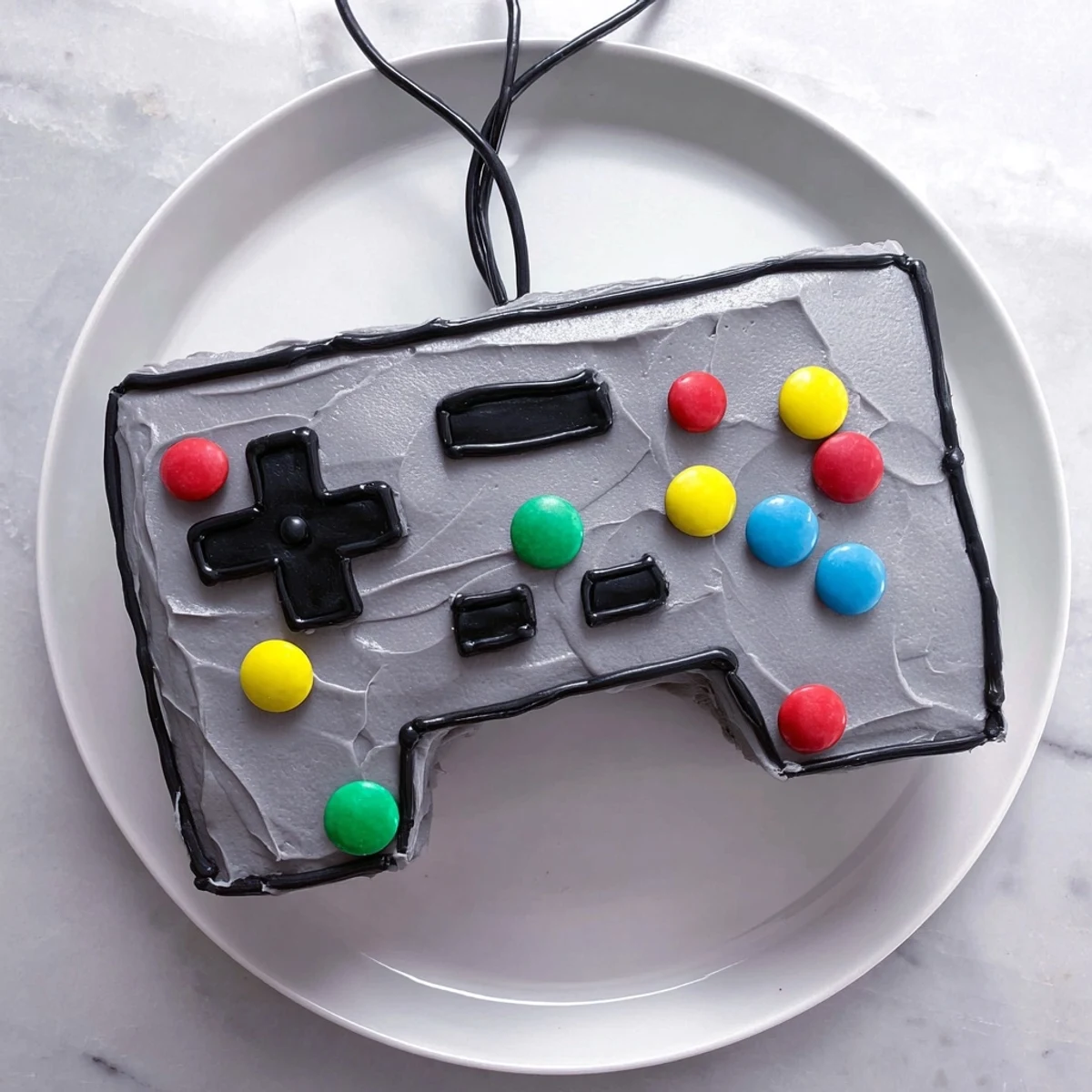 Imagine a fun, decorated Pixel Perfect Video Game Controller Board dessert; colorful buttercream and candy buttons top the cake.