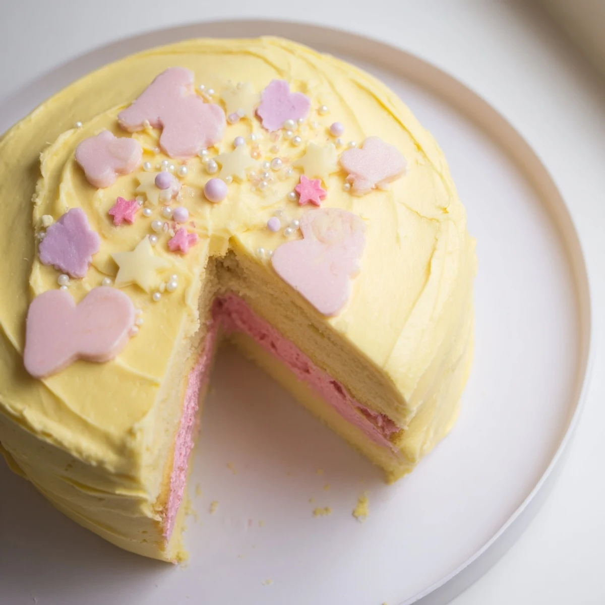 A delightful slice of Château de Princesse Cœurs et Étoiles cake, decorated with heart and star shapes.