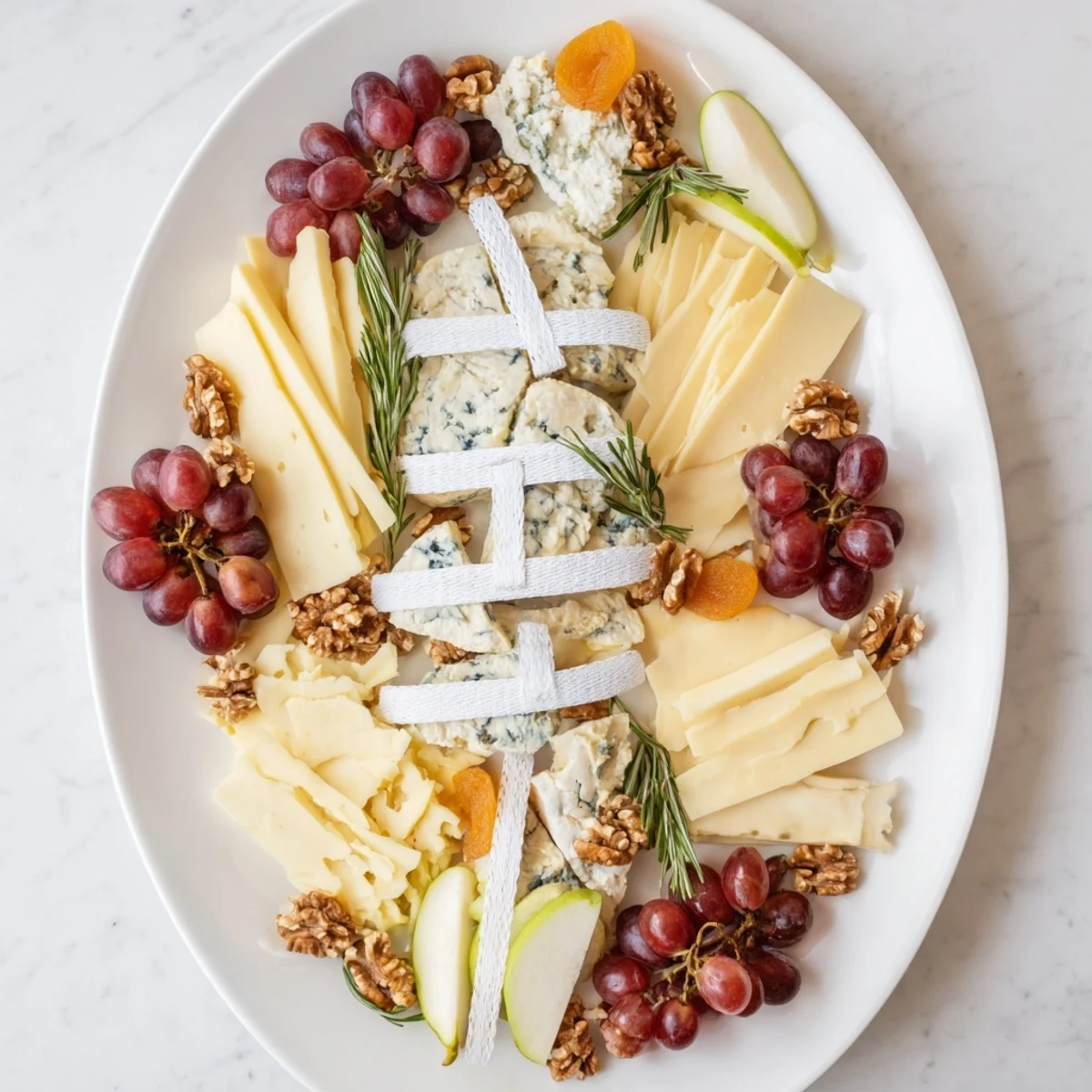 Delectable Rugby Ball Cheese Board with creamy cheeses, fresh fruit, and tasty charcuterie.