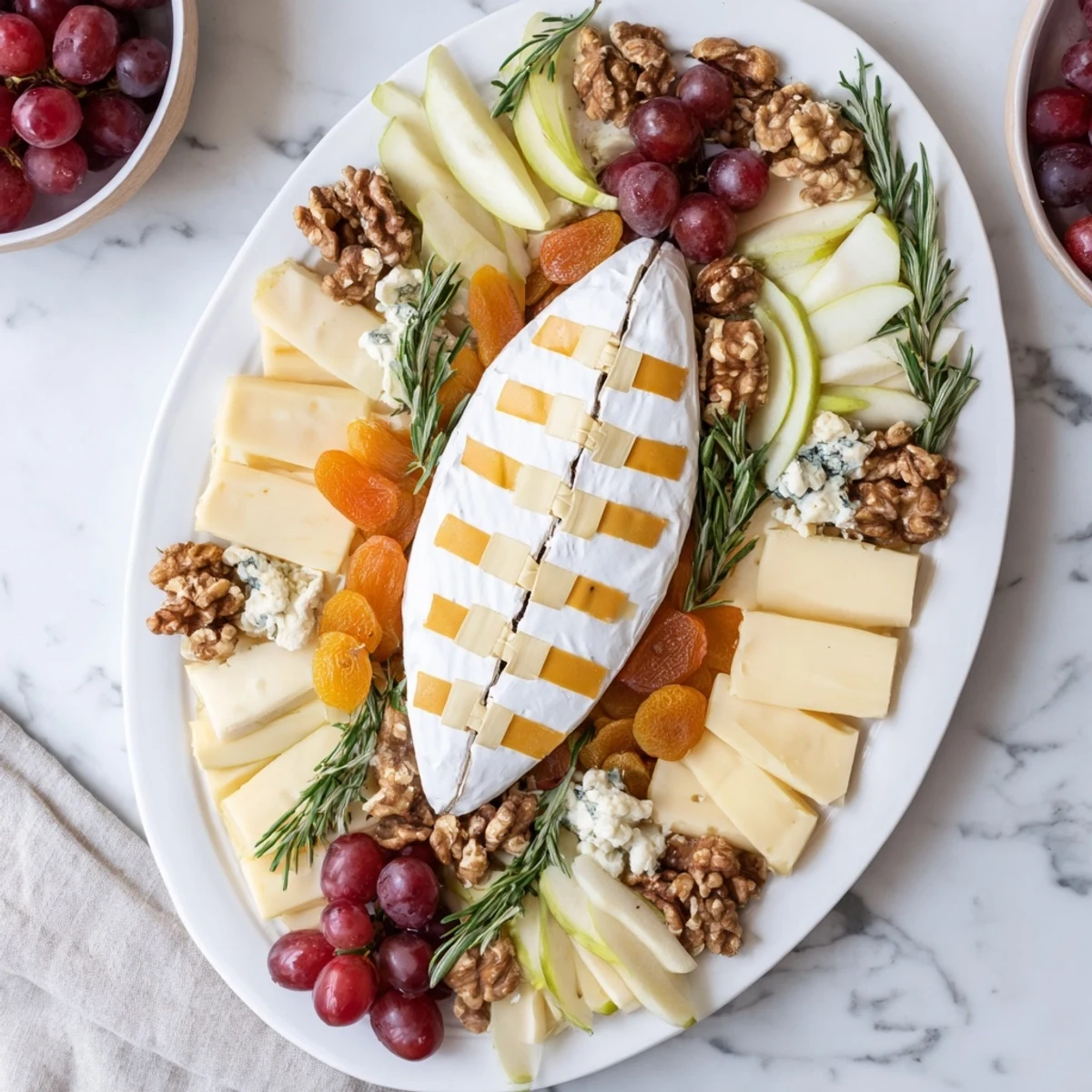 A beautifully arranged Rugby Ball Cheese Board with grapes, pear slices, and goat cheese rounds.