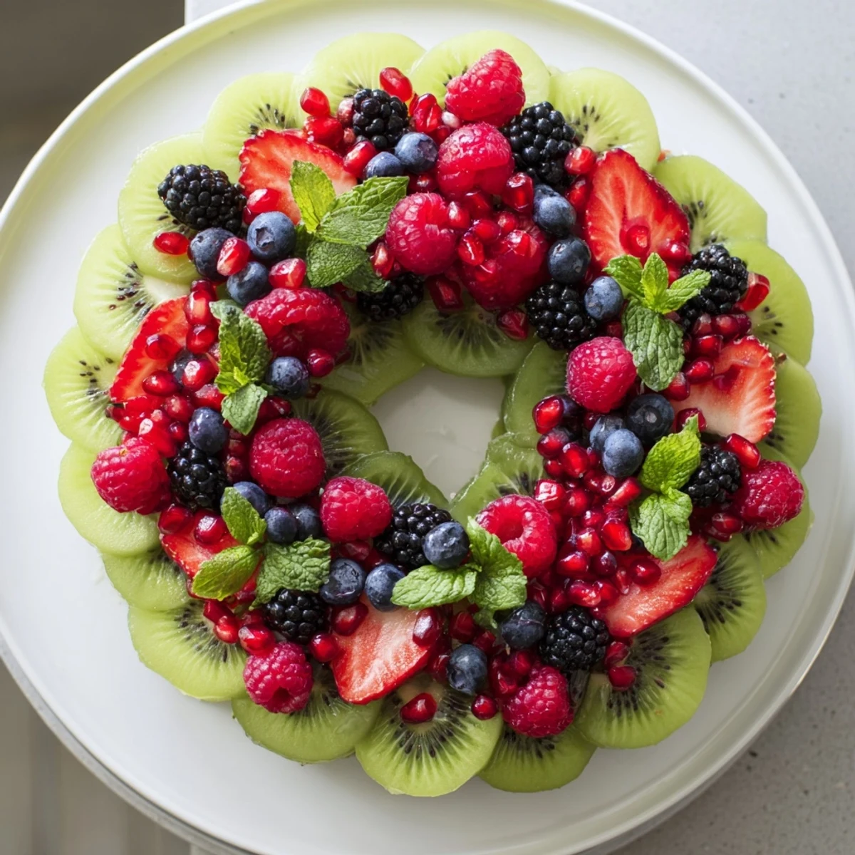 Vivid image of a homemade Kiwi and berry holiday wreath, beautifully arranged for a festive, healthy dessert.