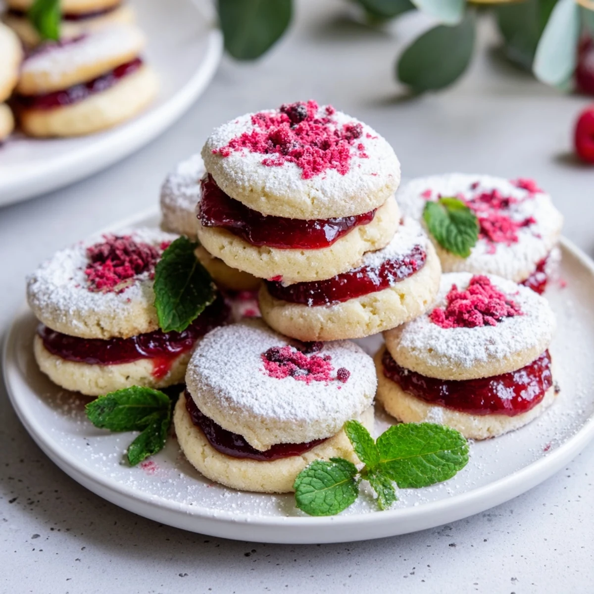 A vibrant Sweet Raspberry Wreath shows cookies filled with raspberry jam, ready for serving.