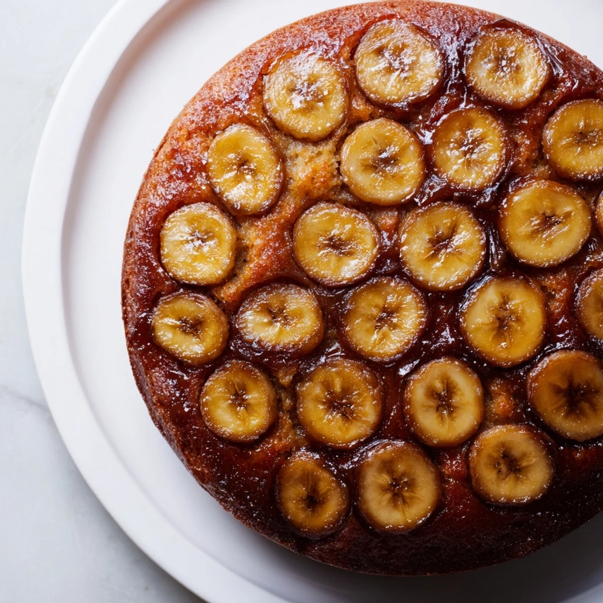 A slice of moist banana bread cake, featuring a topping of sweet, glistening banana rounds.