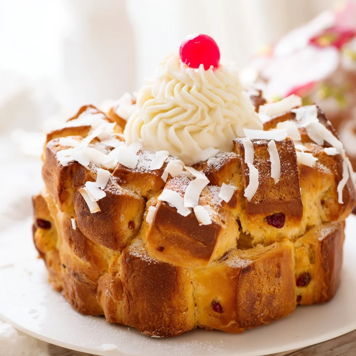 Golden Santa Hat Bread Pudding Bites, festive holiday treats topped with whipped cream and fresh strawberries.
