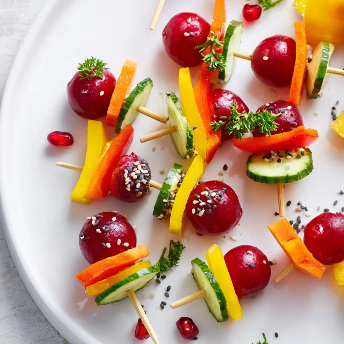 Festive Themed Crudités: Veggie Christmas ornament dippers with colorful bell peppers on a serving plate.