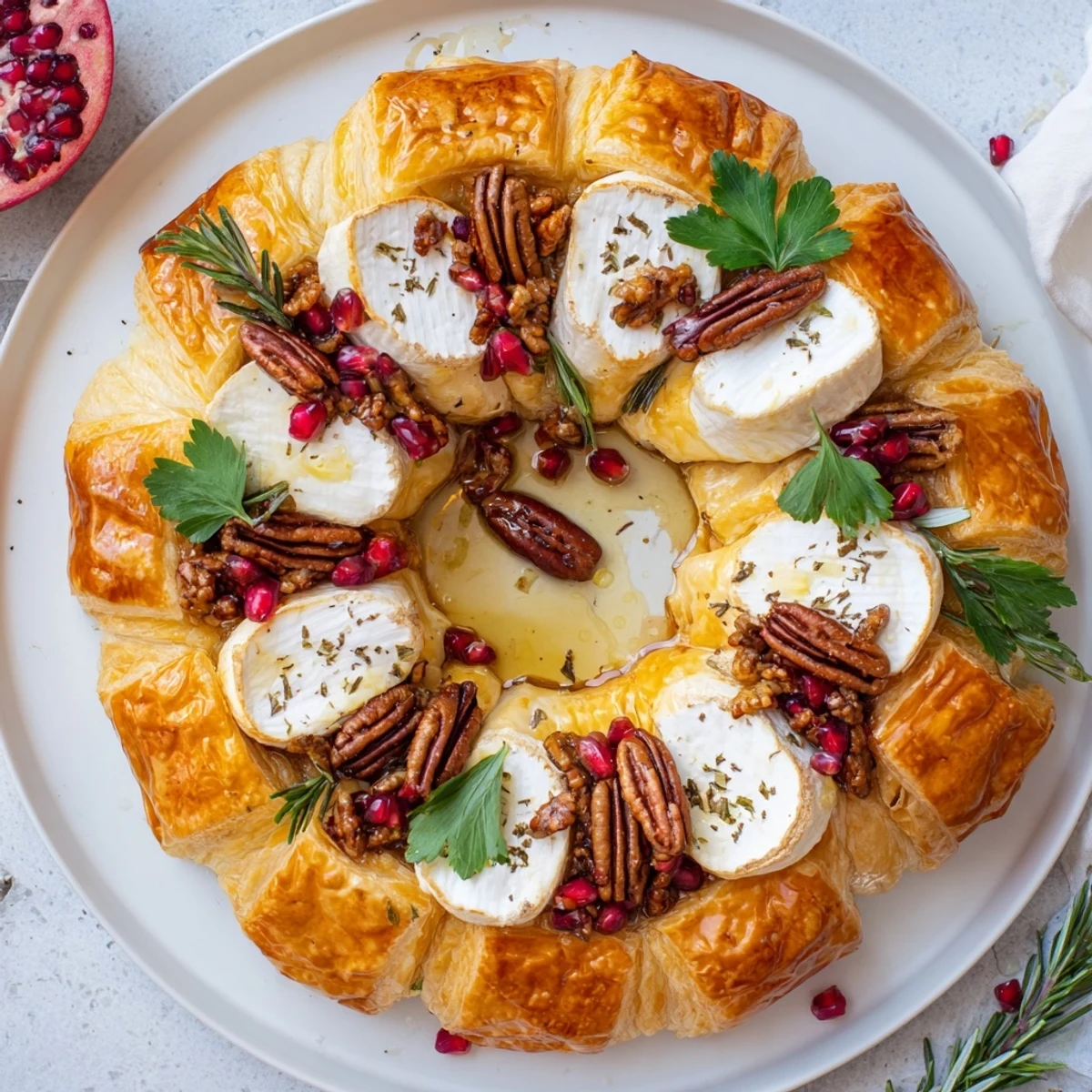 A warm, golden Pomegranate and Brie Wreath with fresh herbs, perfect for holiday gatherings and parties.