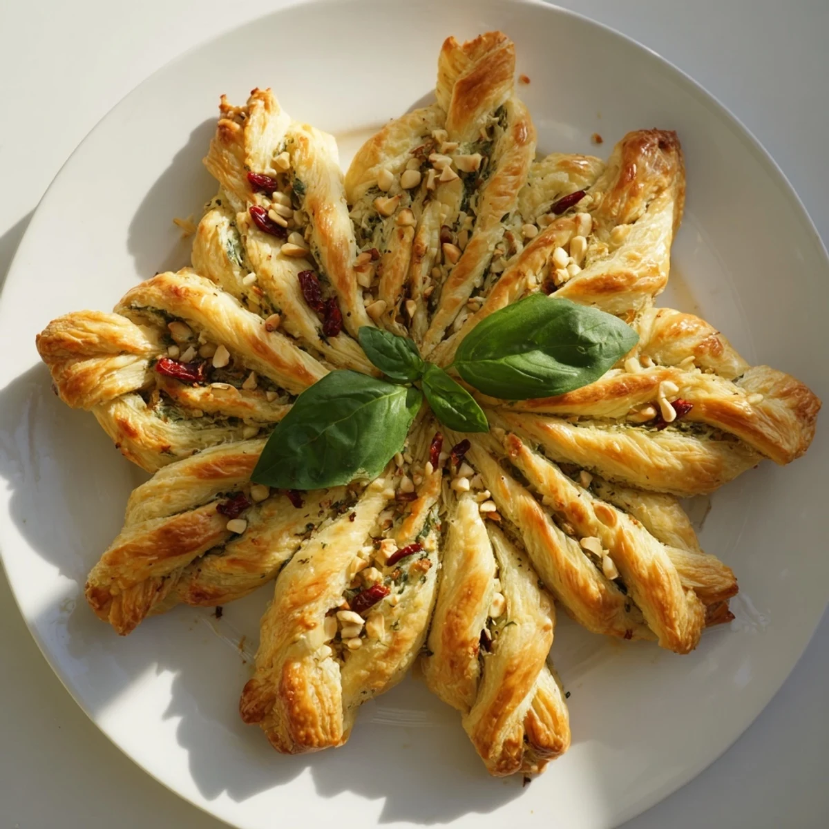 Flaky, baked Poinsettia Puff Pastry bursting with sun-dried tomatoes—a delicious holiday appetizer to share.