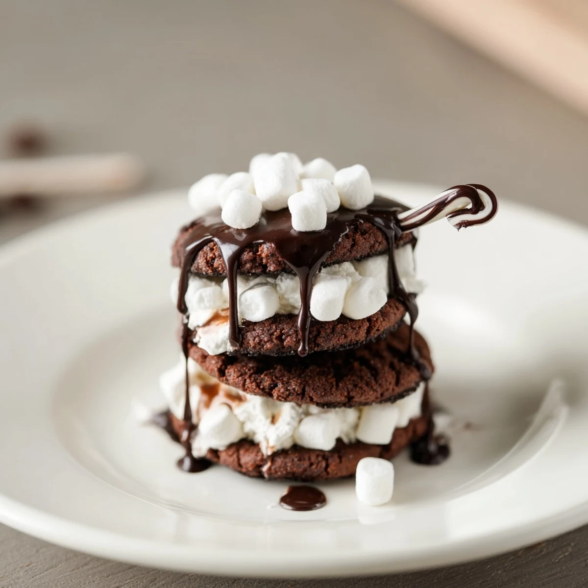 Warm, chocolatey Hot Cocoa Mug Cookie stacks: a delicious dessert topped with mini marshmallows and chocolate drizzle.