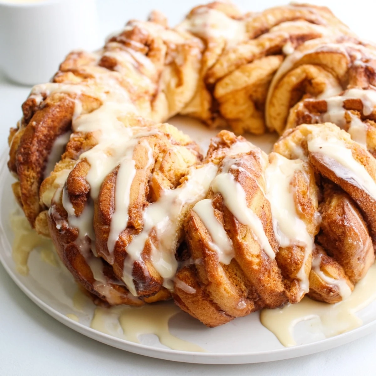 Golden-brown cinnamon roll pull-apart wreath, offering a glimpse of doughy spirals with vanilla drizzle.