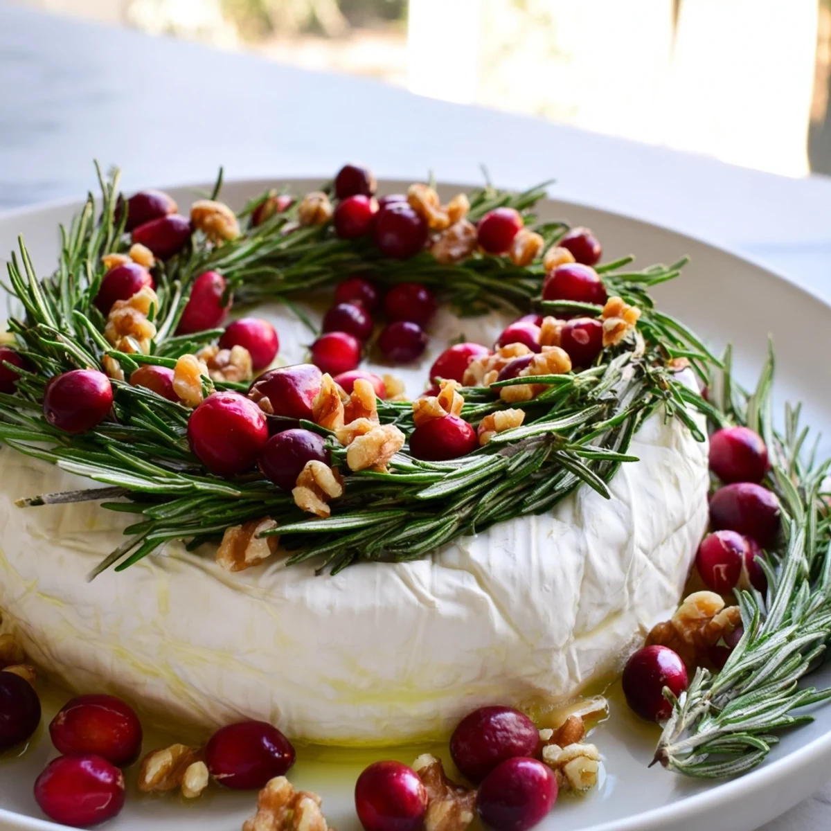 Creamy Brie Cheese Wheel with fragrant rosemary wreath, ready to serve with crackers and jam.
