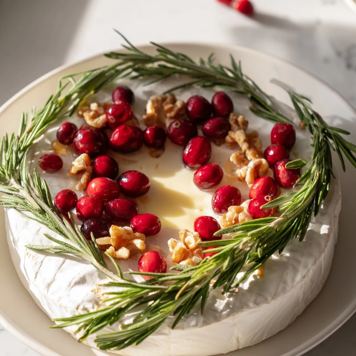 Enjoy a beautiful Brie Cheese Wheel, dressed with rosemary, perfect for holiday gatherings and easy serving.