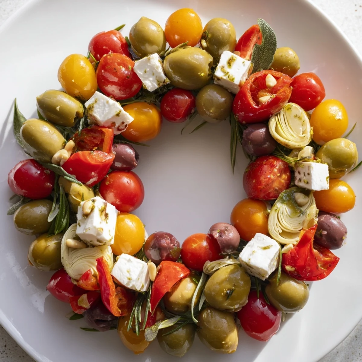 A delicious Olive and Cherry Tomato Garland Board, showcasing fresh tomatoes, olives, and herbs on display.