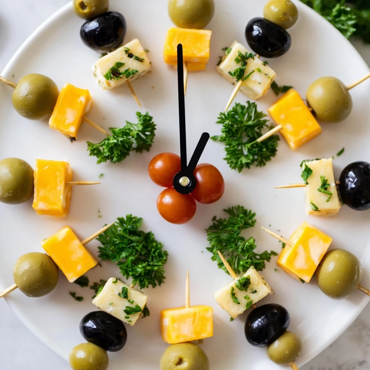 Delicious New Years Clock Countdown appetizer on a board, featuring cheesy clock hands for a tasty party.