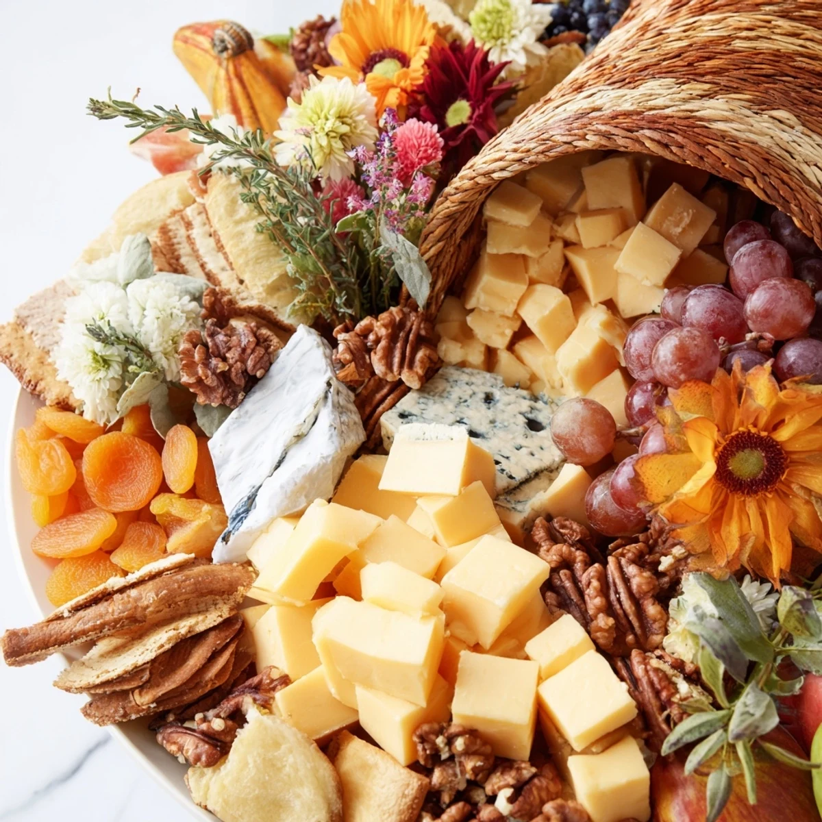 Delicious Autumn Harvest Horn of Plenty centerpiece: an elegant fruit, cheese and nut arrangement for the table.