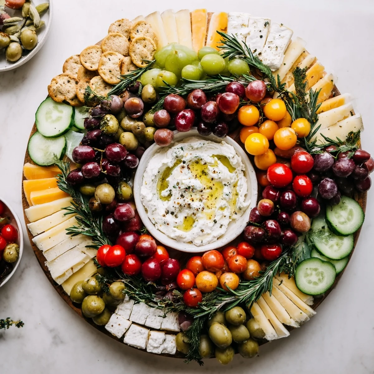 A close-up of The Evergreen Wreath Board appetizer with colorful fruits, nuts, and a flavorful dip centerpiece.
