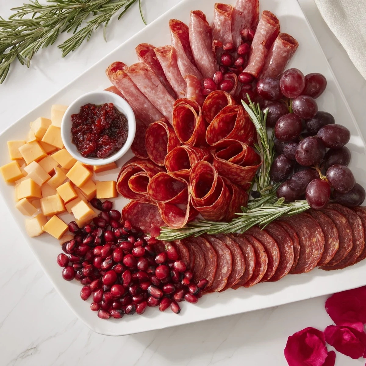 Red meats and cheeses comprise The Crimson Crest, artfully arranged with vibrant garnishes and crackers.