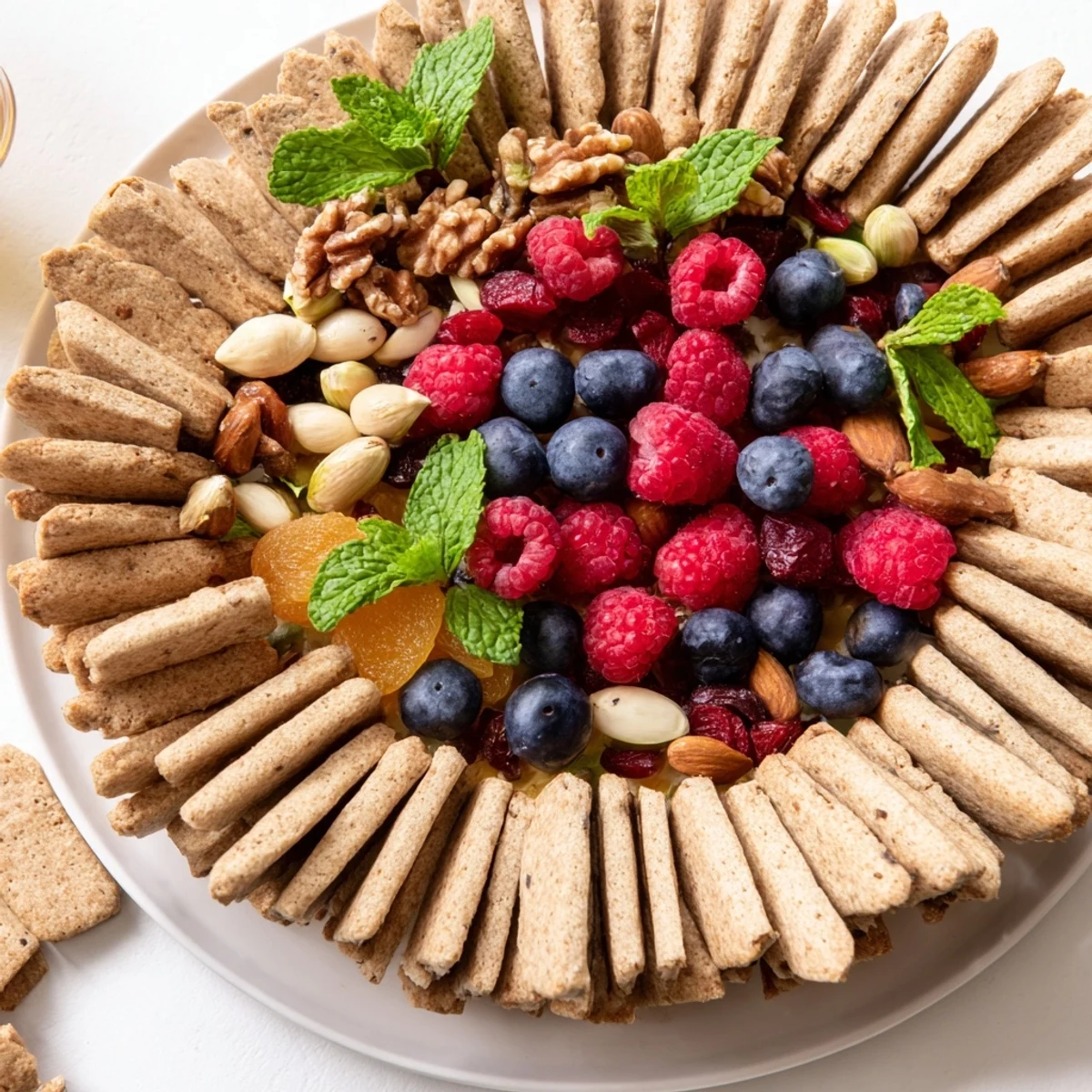 Vibrant arrangement of a The Picket Fence snack with crackers surrounding a berry and nut medley.