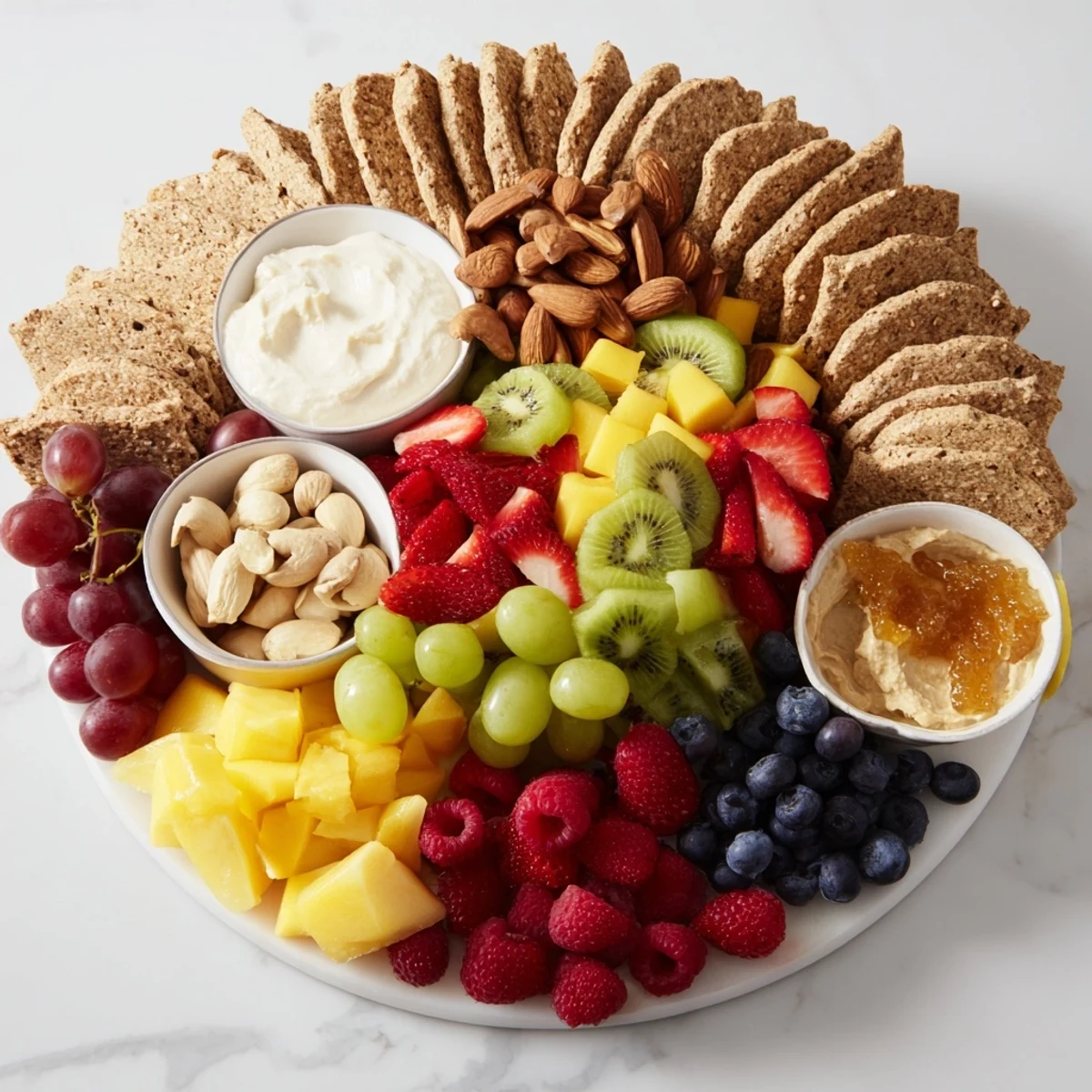 Vibrantly colored Hidden Oasis appetizer ring bursting with fresh fruits and creamy dips, ready to serve.