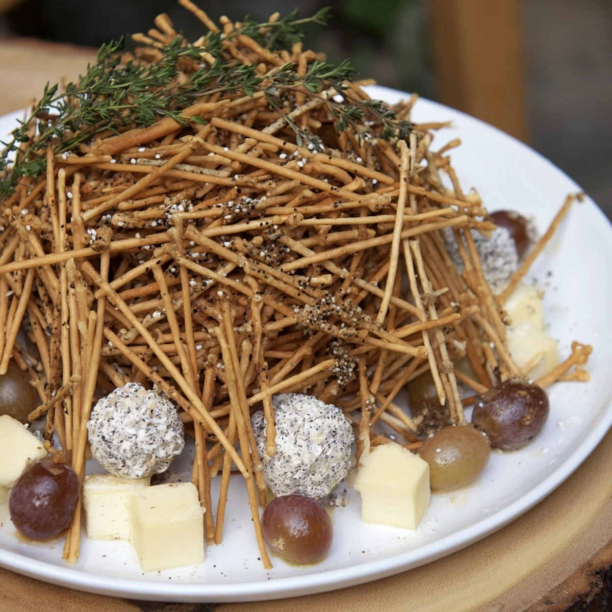 Golden-brown breadsticks form a delightful dome over assorted cheeses, a gorgeous The Gilded Cage appetizer.