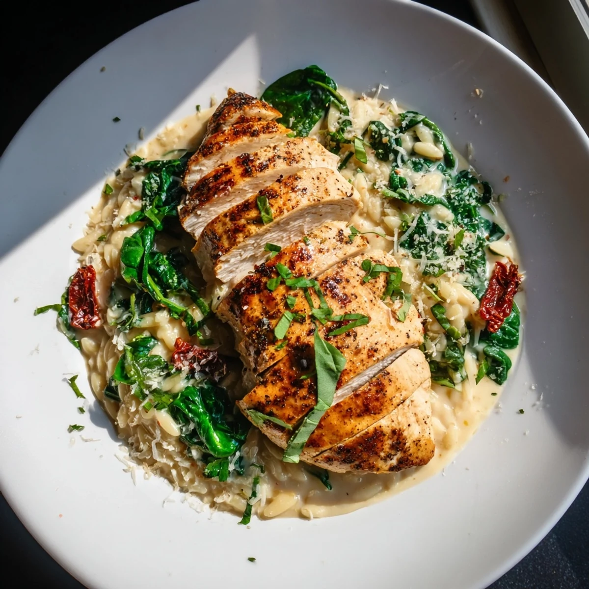 Steaming Marry Me Chicken Orzo, creamy with parmesan, served with fresh basil for a delightful meal.