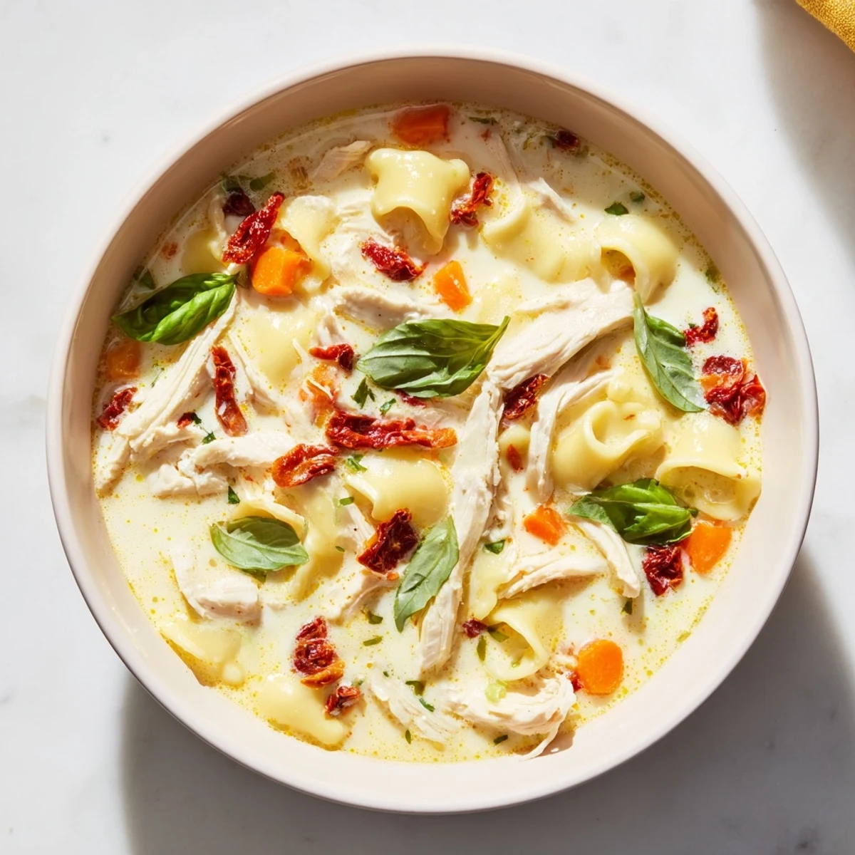 Tender shredded chicken and creamy broth make a warm bowl of Marry Me Chicken Soup a delightful dinner.