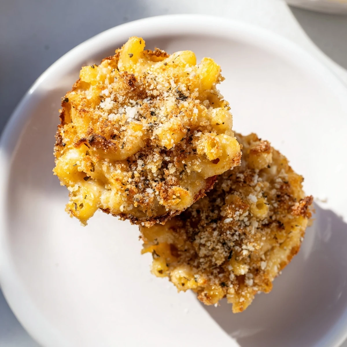 Golden, bubbly Tini's Mac and Cheese muffins fresh from the oven, ready to serve with a garnish.